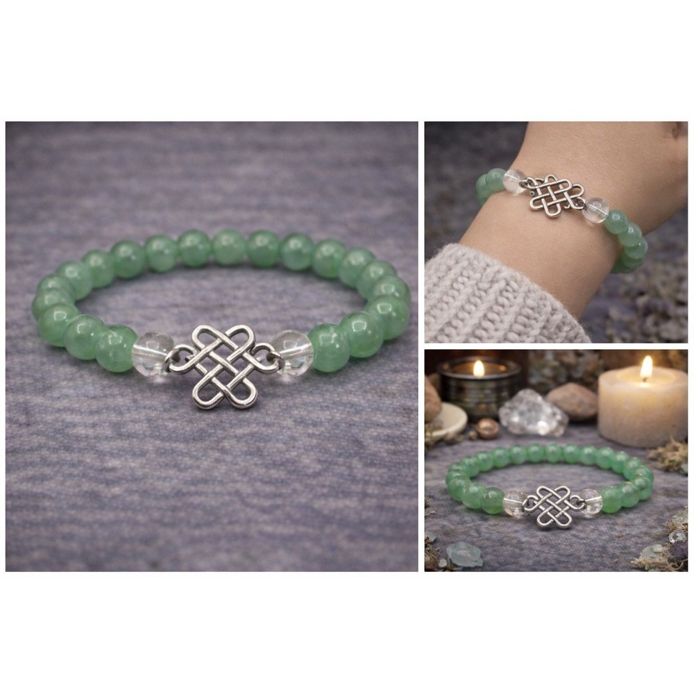 Green Aventurine and Quartz Celtic‎ Knot Bracelet Boho Witchy Jewelry